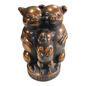 Three Little Pigs Vintage Copper Cast Iron Piggy Bank Nursery Decor Collectible